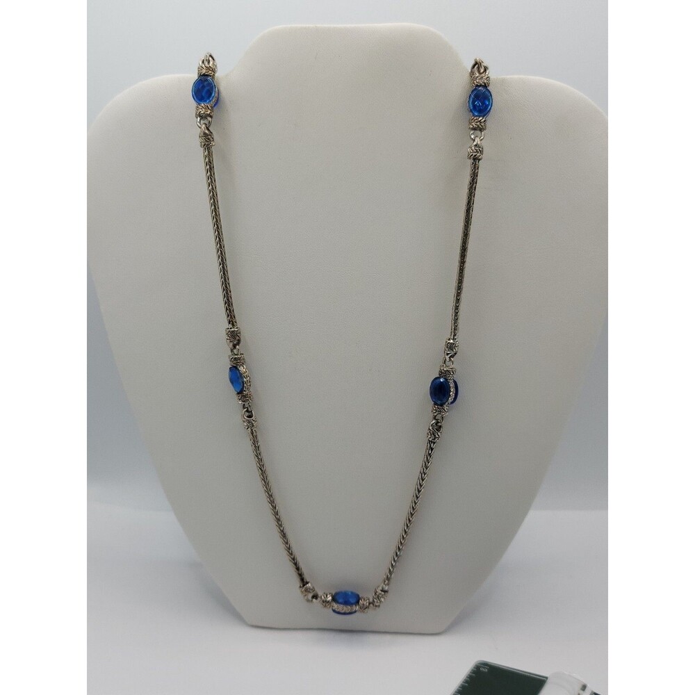 Avenue Long Silver Blue Beaded Station Chain Necklace